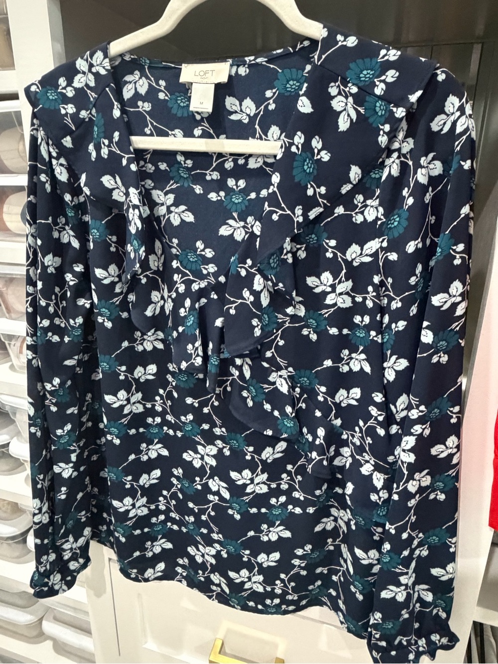 LOFT Navy Floral Ruffle V-Neck Blouse with Teal and White Print